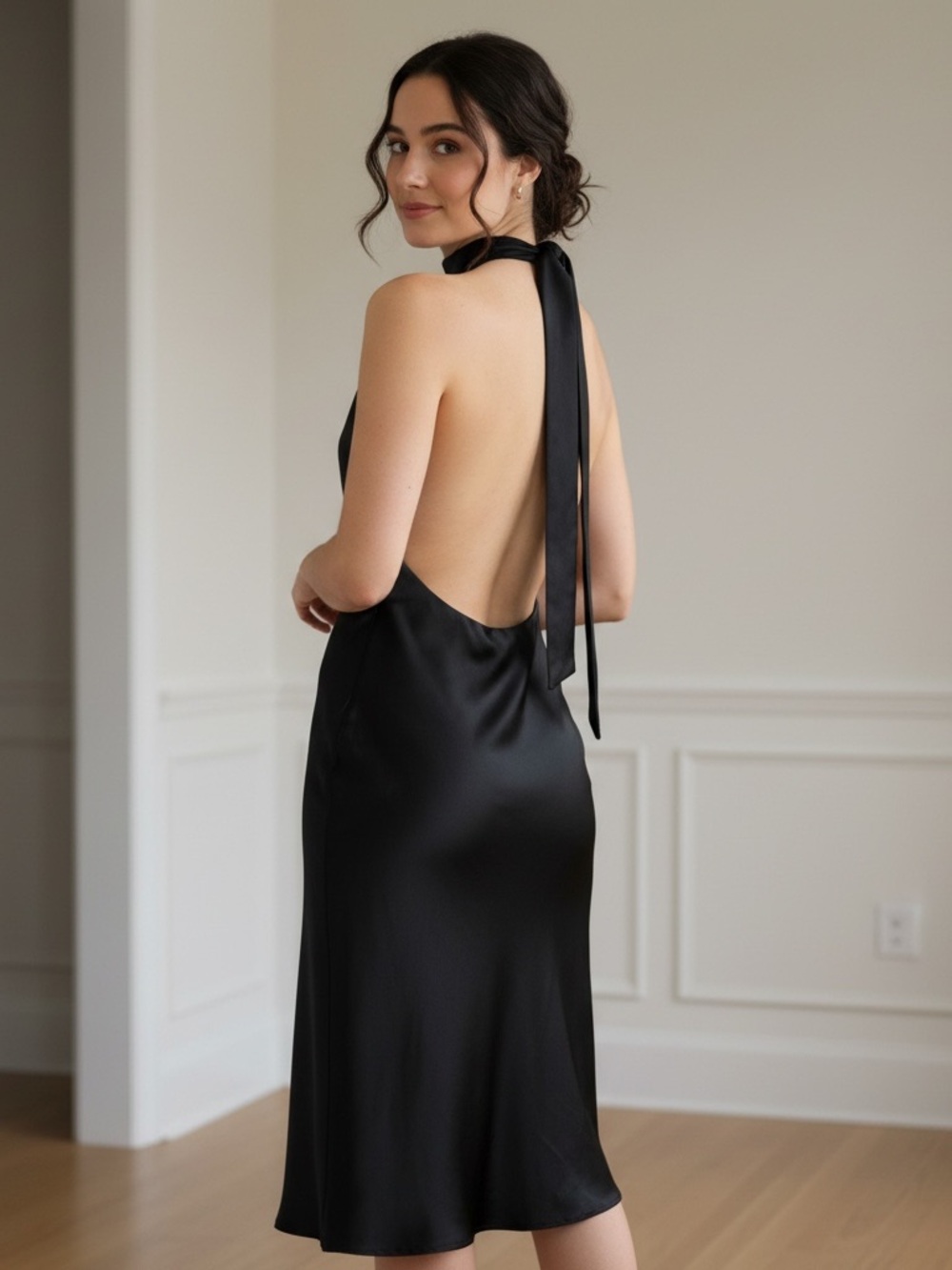 Zara Black Satin Backless Halter Midi Dress Sz M Secure Elastic Waist | EUC